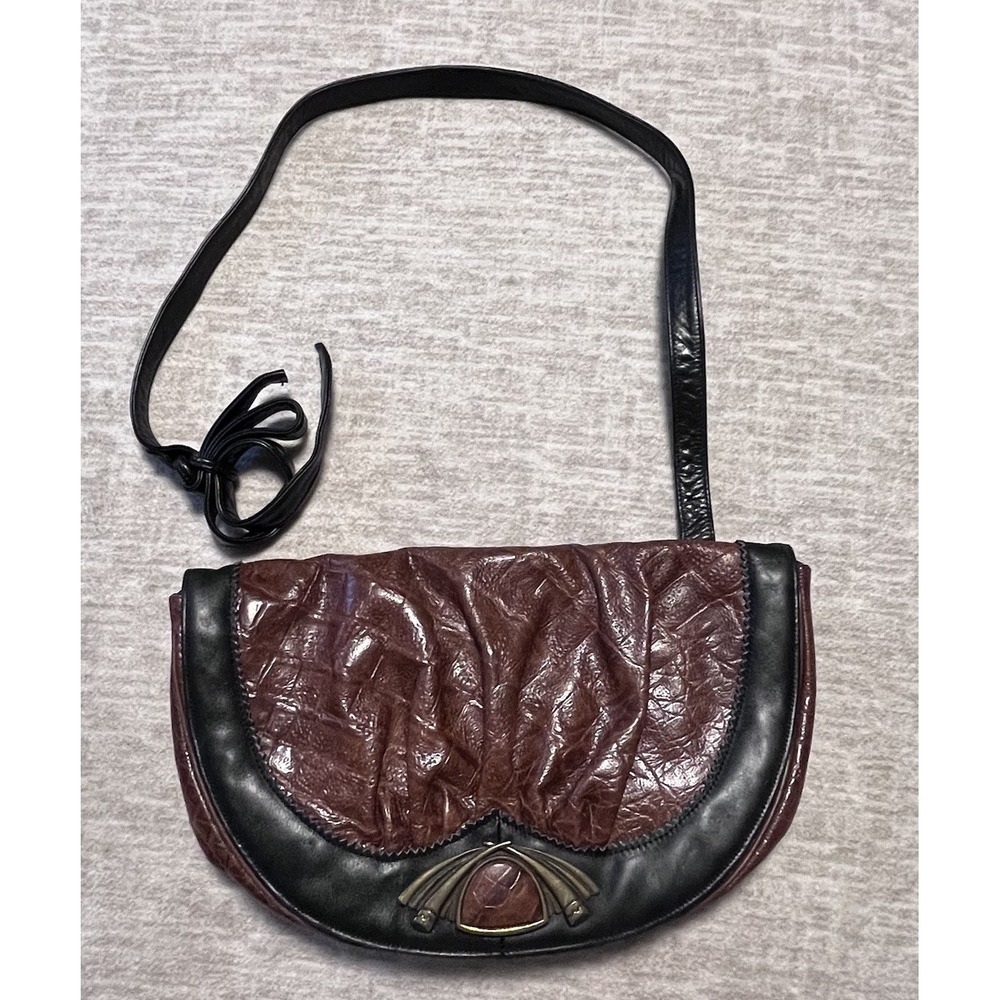 Vintage Sharif Leather Crossbody Bag‎ Brown Black Made in USA Boho 1980s Style